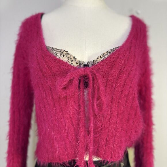 Y2K Hot Pink Cardigan Sweater Front-Tie Softgirl Barbiecore Girlcore Fairy 90s M - Picture 1 of 6